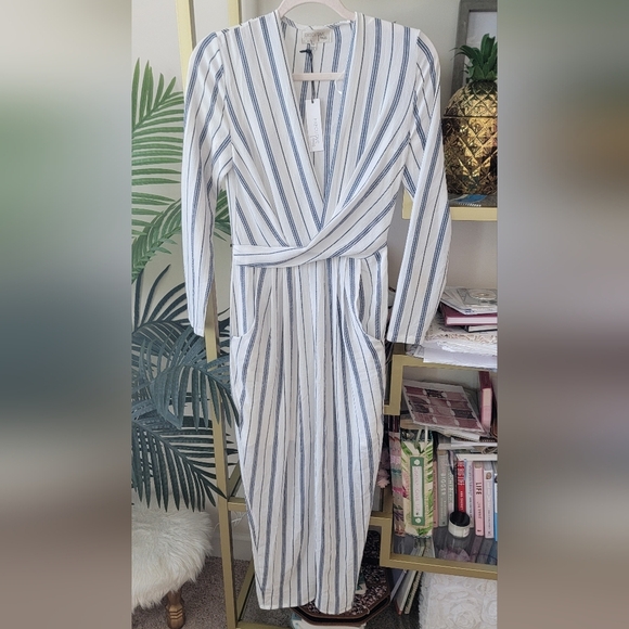 NWT Navy Blue and White Striped Long-Sleeve Wrap Dress - Fits a Size Small - Picture 1 of 9